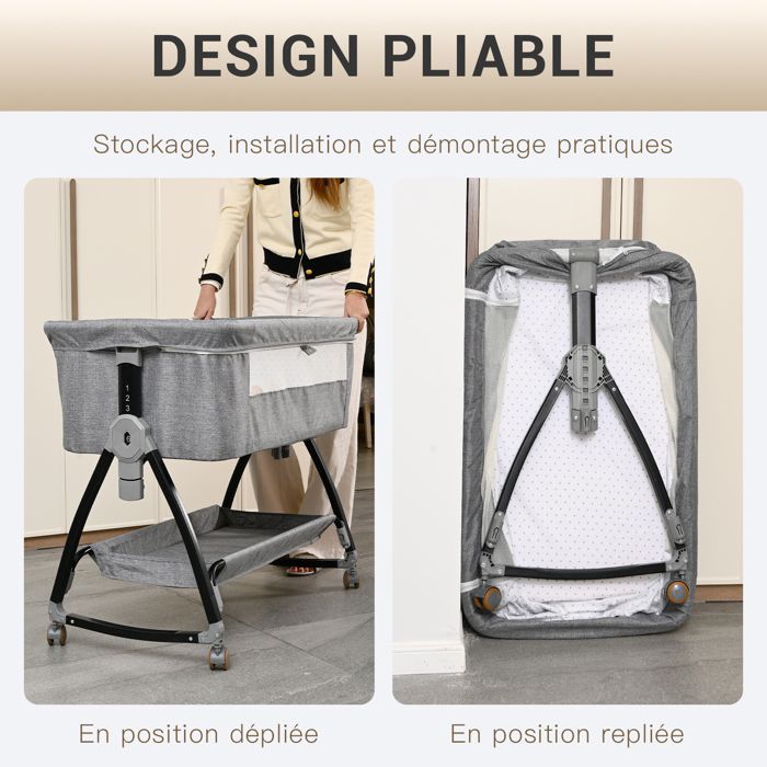 Babybedje met matras en klamboe, aankleedtafel, schommel- en ligstand, 6 verstelbare hoogtes, voor 0-18 maanden - Grijs
