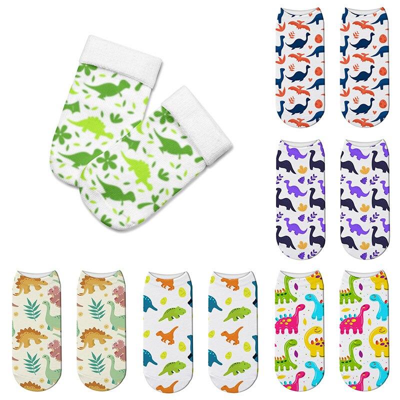 Calcetines cortos unisex de algodón con estampado 3D de dinosaurios de dibujos animados para mujer.