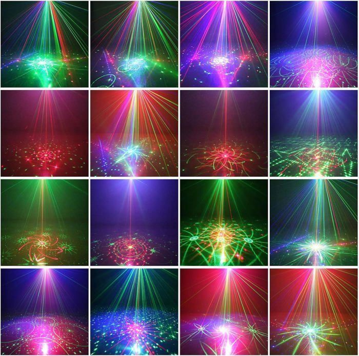 Iluminación de escenario, proyector estroboscópico de luz láser LED para fiestas con 168 efectos, luz de discoteca RGB UV con control remoto para fiestas/Navidad.