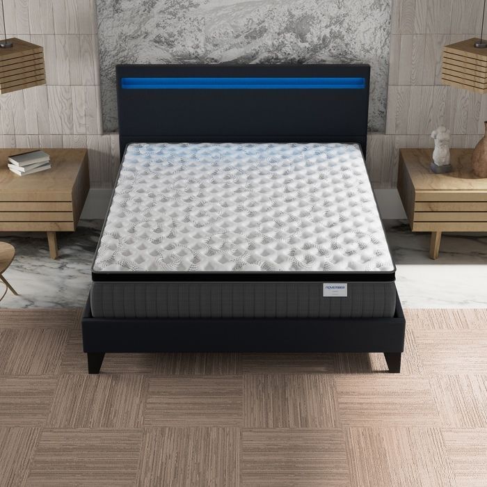 Colchón y cama (140x200cm) - Elekctra 30cm Muelles ensacados y espuma viscoelástica + Base de láminas estable y cabecero LED Negro
