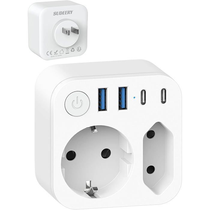 Adaptador de viaje de Francia a Japón con 4 puertos USB (2 USB-C), adaptador de viaje de doble salida, conector Schuko.