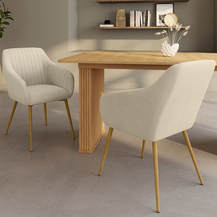 IDMARKET Juego de 2 sillas de comedor JANY, tapizadas en terciopelo beige con patas efecto madera.
