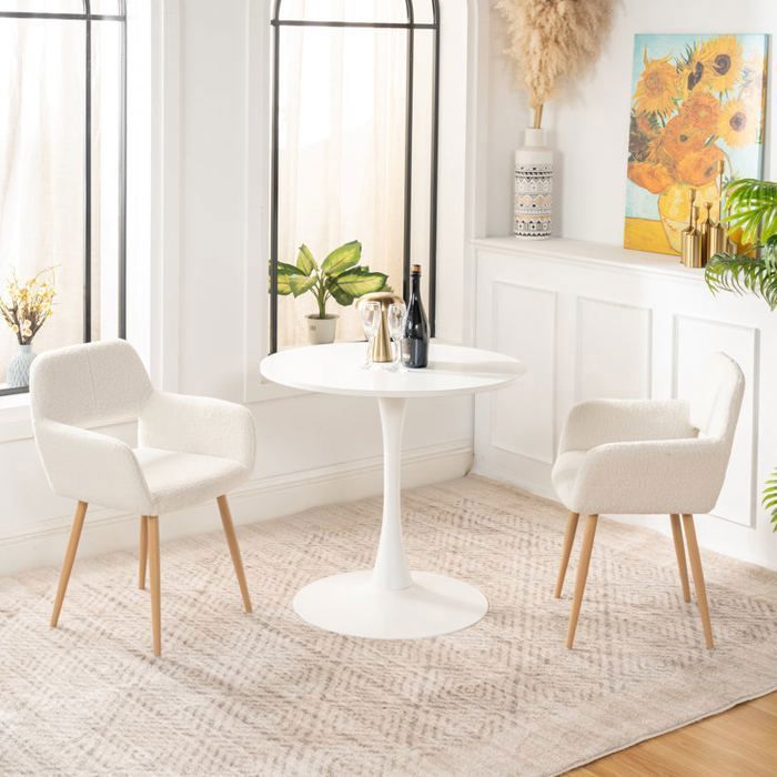 MUEBLES ACOGEDORES Juego de 2 sillas de comedor escandinavas con reposabrazos en tela de piel de oveja beige con bucles - CROMWELL