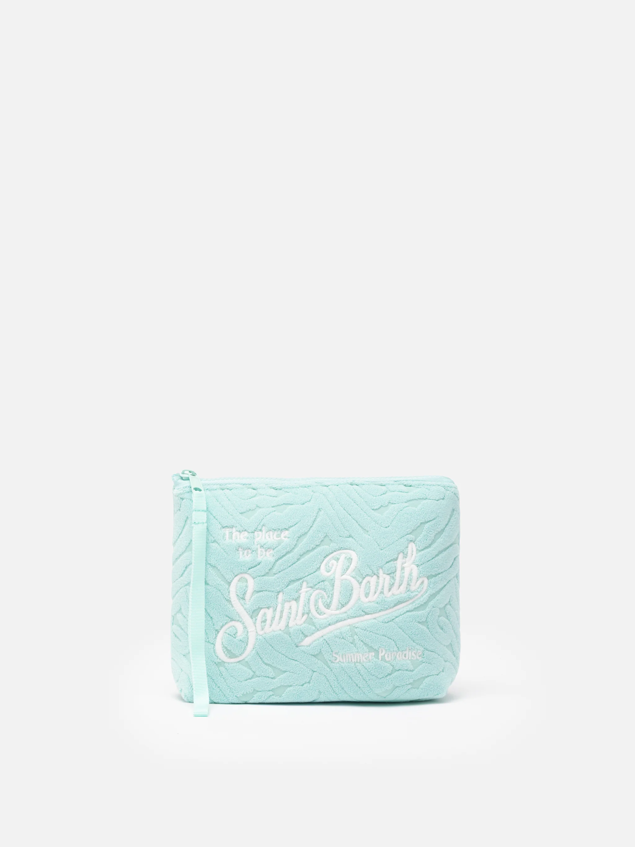 Aline clutch tas van turquoise sponsstof met reliëf zebramotief