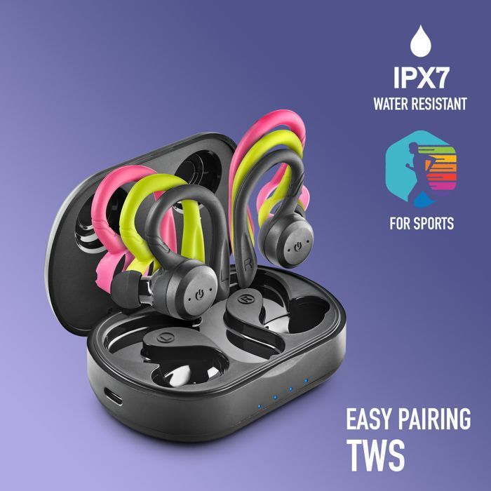 Fones de ouvido esportivos NGS ARTICA JOGGER TWS, Bluetooth 5.3, IPX7, 3 ganchos auriculares, 40 horas de duração da bateria. Projetados para ação e conforto.
