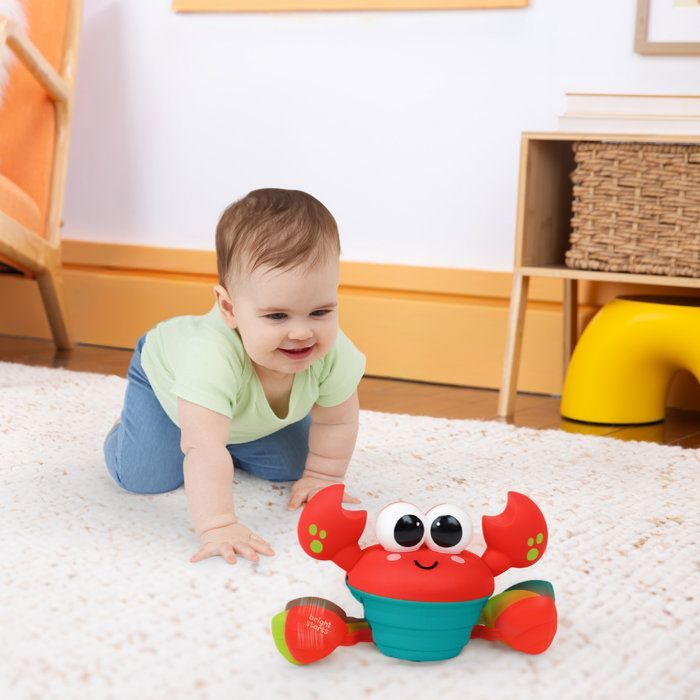 BRIGHT STARTS Loopkrab, Babyspeelgoed 6M+, Muzikaal speelgoed, Speelgoed voor grove en fijne motoriek, Obstakelsensoren, Rood