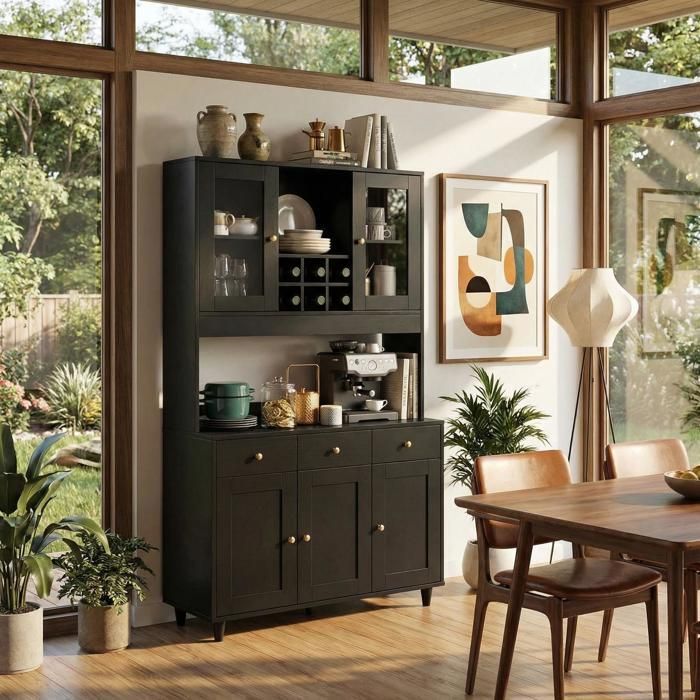 Buffet de Cuisine - VOWNER - Vaisselier, Armoire de Cuisine, Buffet Salon Rangement, 5 Étagères Réglables - 5 Placards - Noir