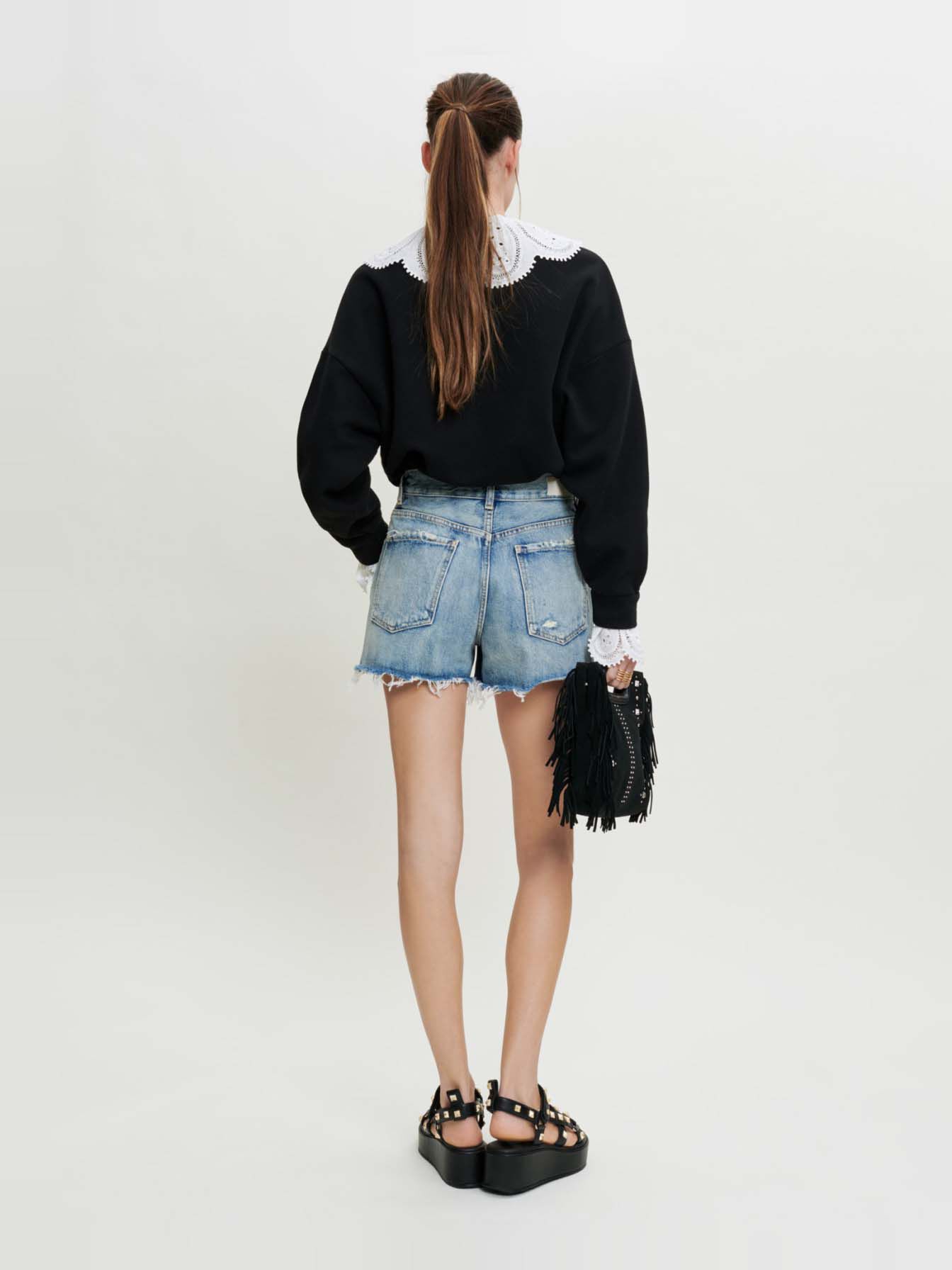 Pantaloni scurți din denim cu efect uzat - Albastru deschis