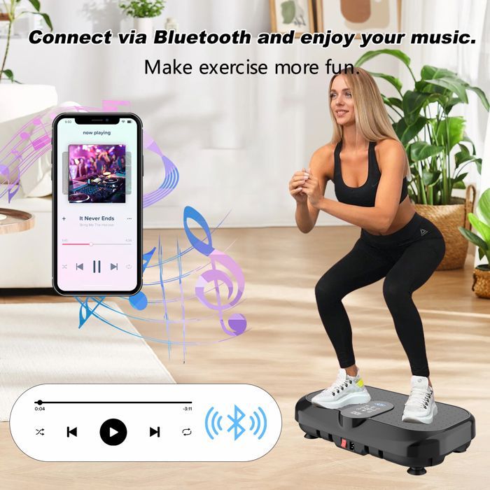 Pedana vibrante silenziosa + Bluetooth - 120 livelli di vibrazione + 9 programmi di allenamento - Portata massima 150 kg - Nera