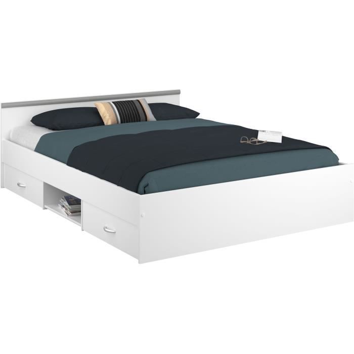 Cama para adultos ZODIAC 140x190 cm - 2 cajones y 1 nicho - Contemporánea - Blanco mate