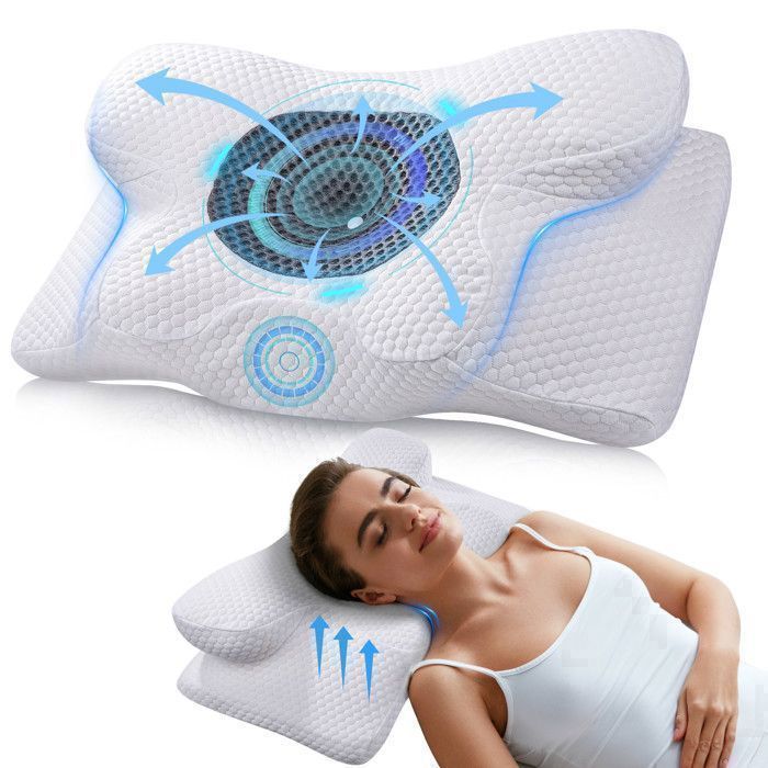 Almohada cervical ergonómica de espuma viscoelástica, antiácaros, 60 x 34 x 10/13 cm, blanca.