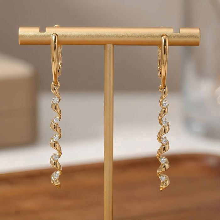 Pendientes colgantes para mujer, diseño retorcido, circonita, chapados en oro amarillo de 18k, 55 mm