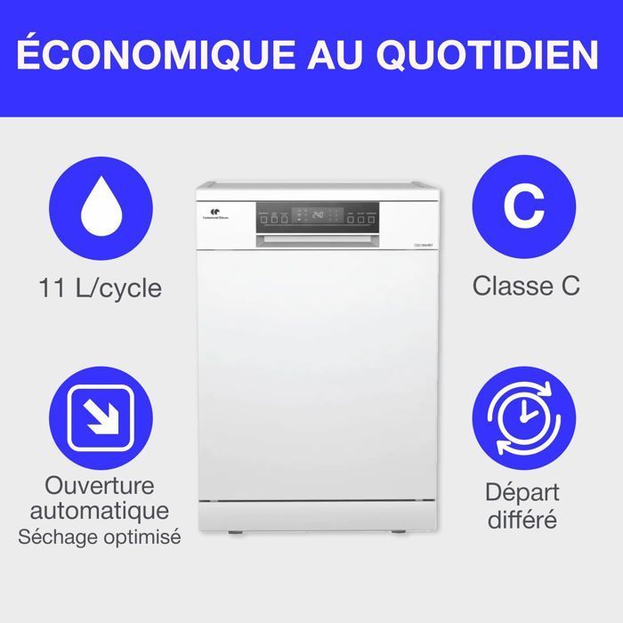 Lavavajillas independiente - CONTINENTAL EDISON - CELV1544IWP - 15 servicios - Inverter - 60 cm - 42 dB - Blanco