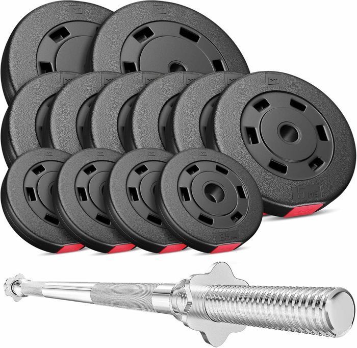 Hop-Sport halterset van 69 kg met halterstang van 167 cm en gewichtsschijven voor krachttraining: 2x10 kg, 6x5 kg, 4x2,5 kg