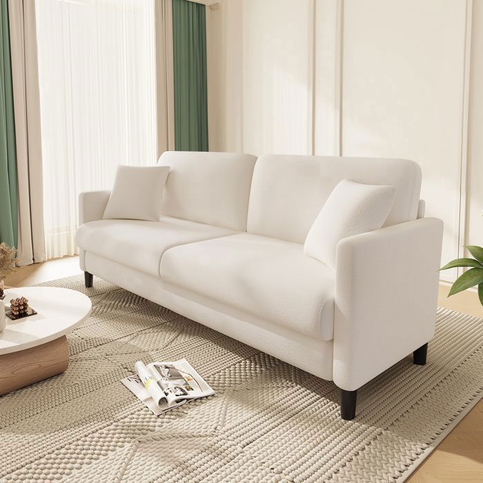 Sofá de 2 plazas de terciopelo beige estilo Teddy para salón o dormitorio, estilo escandinavo, con 2 cojines, patas de madera, 165 × 78 × 85 cm.