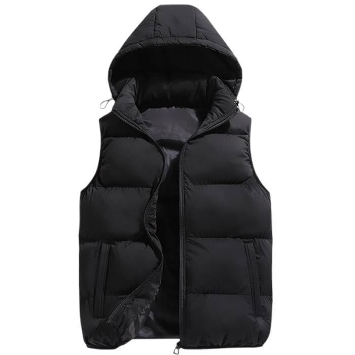 Chaqueta acolchada para hombre, sin mangas, con capucha desmontable, ideal para otoño/invierno, con cremallera y cuello alto - Negra