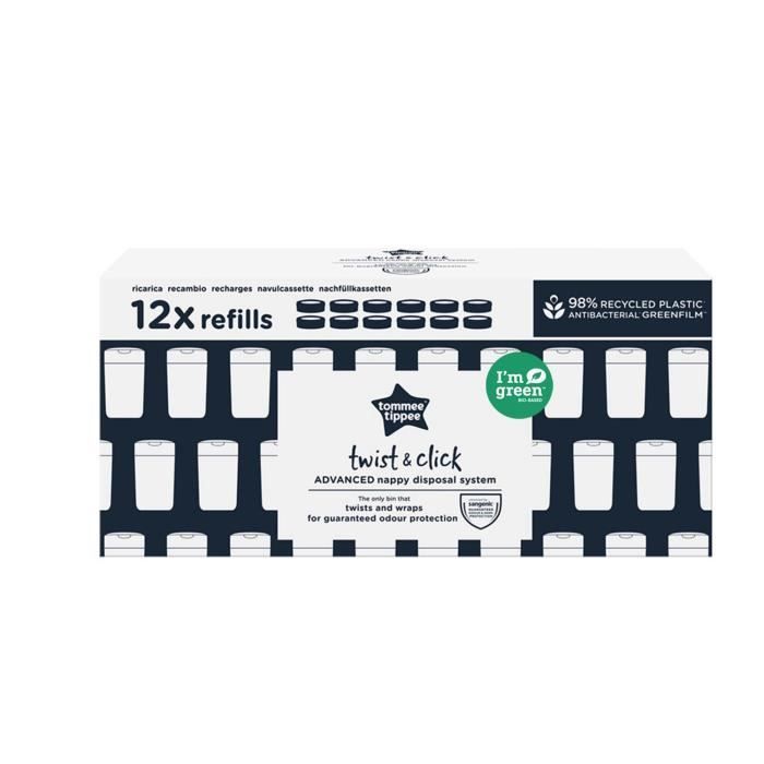 TOMMEE TIPPEE - Refills for nappy bins - Twist & Click - Antibacterial multi-layer film - Pack of 12
