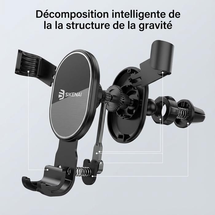Supporto per telefono da auto - SIKENAI - Supporto per telefono da bocchetta dell'aria - Sensore di gravità - Rotazione a 360° - Nero