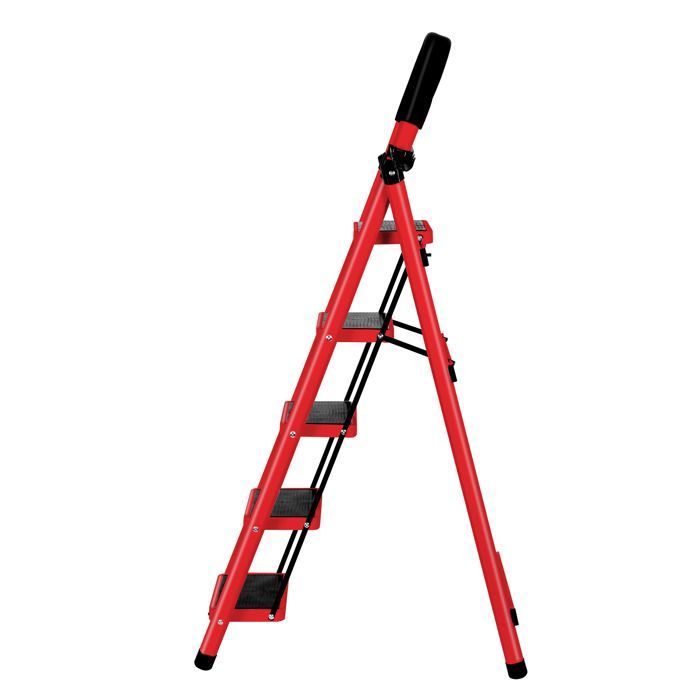 Red - 152cm Folding 5-Step Steel Step Ladder, Ladder with Handle and Non-Slip Footplate, 150KG Load Capacity
