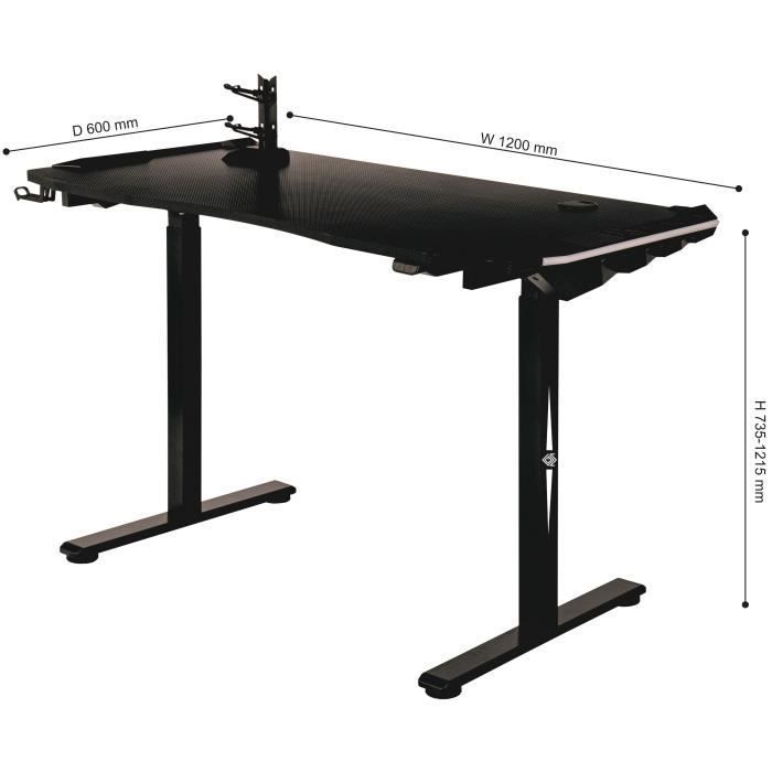 Bureau gaming électrique CGM - Réglable en hauteur - Support de contrôleur - Éclairage RVB - L120xP60xH73-121 cm
