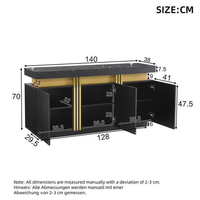 Aparador con efecto mármol negro, 140 cm - Armario de 3 puertas con tapa de mármol, 6 compartimentos, capacidad de 45 kg, diseño moderno y elegante.