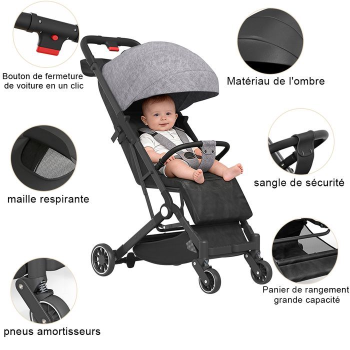 Cochecito plegable de tres piezas, cochecito para bebé, totalmente ajustable, diseño de doble cierre, color gris.