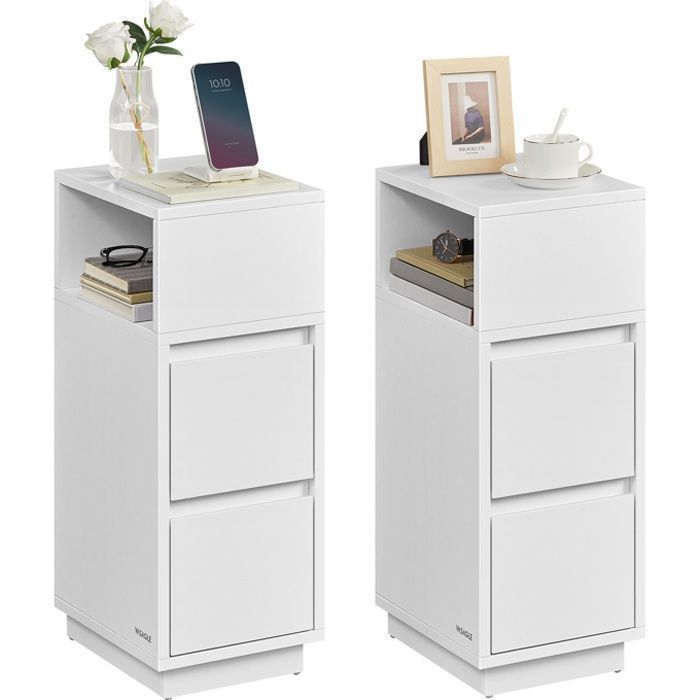 VASAGLE Table de Chevet Étroite, Lot de 2, Table d’Appoint, 2 Tiroirs et Compartiment Ouvert, Montage à Gauche ou à Droite, Blanc