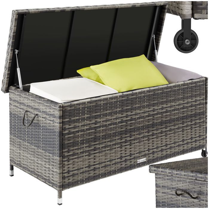 Buitenopbergbox - TECTAKE - KIRUNA polyrattan tuinbox met handgrepen en 2 wielen, 121 x 56 x 60 cm, 270 L - Grijs