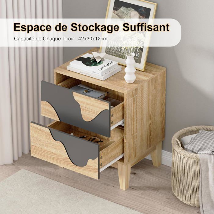 GOOBUY Set of 2 Bedside Tables, Nightstands with 2 Drawers, Side Tables with Irregular Wave Pattern, 45x35x56cm, Natural