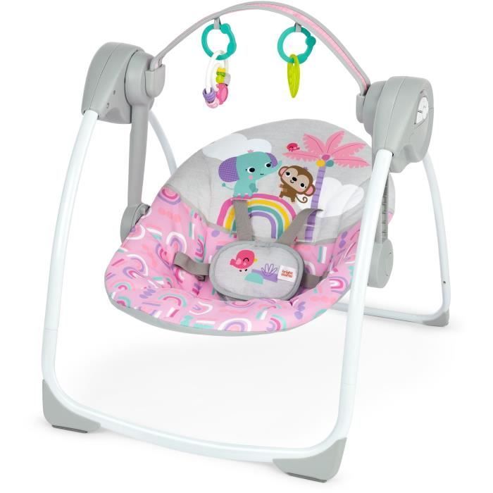 Columpio eléctrico compacto para bebés BRIGHT STARTS – Animales, rosa, 6 velocidades de balanceo, 10 canciones, 2 posiciones de reclinado