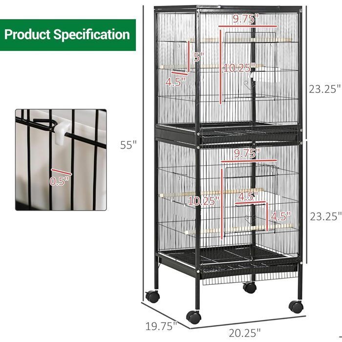 Jaula grande para pájaros de 52 x 50 x 143 cm con soporte y 4 perchas - Jaula para pájaros con ruedas