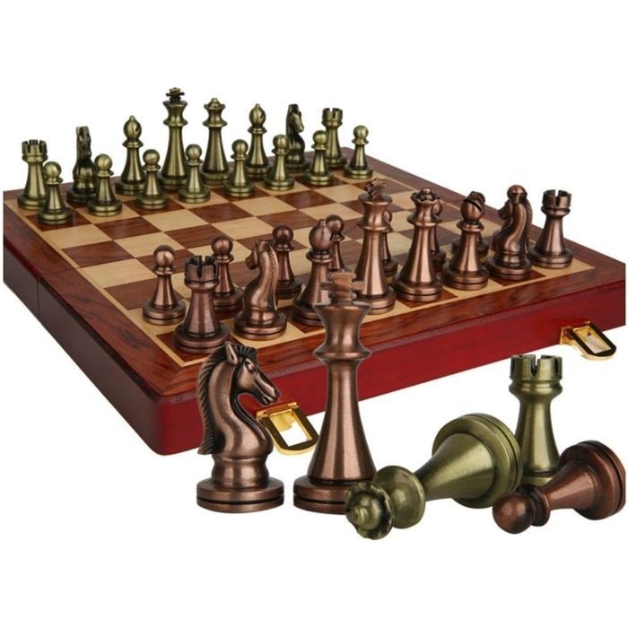 Jeu d'échecs rétro cadeau jeu de voyage échiquier pliable portable en bois pièces d'échecs en métal jeu d'échecs