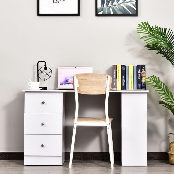 Escritorio para ordenador - HOMCOM - mueble multimedia multifuncional con 3 cajones y 2 estantes - madera - 120x49x72cm - blanco