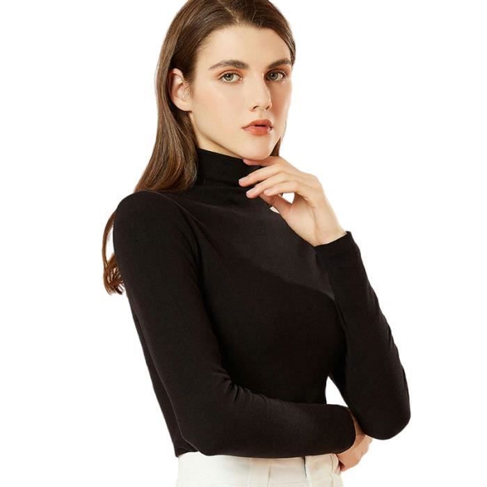 Pull Femme Col Roulé Slim Fit Chaud Automne Hiver Hauts Pullover Manches Longues Couleur Unie Tissu Confortable - Noir
