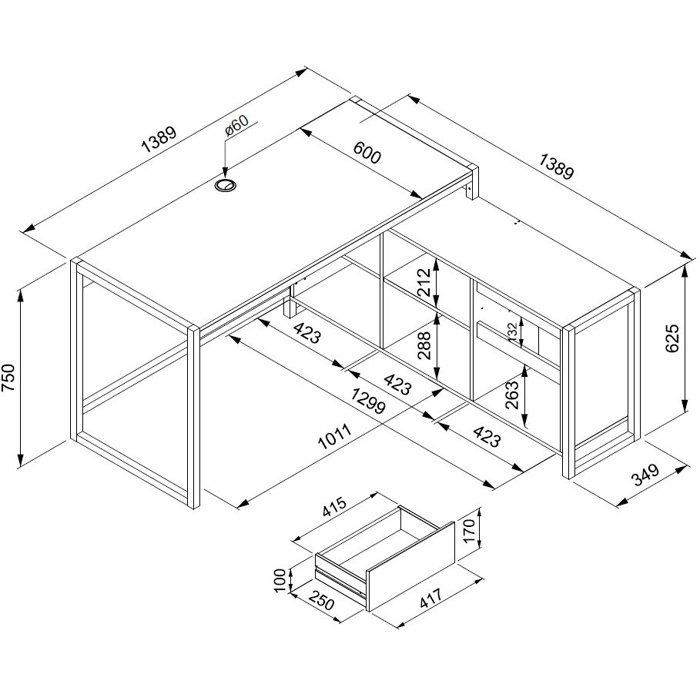 Bureau d'angle réversible Denver - Panneaux de particules - Coloris Blanc - 139 x 75 x 139 cm