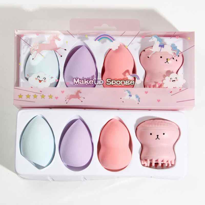 Ensemble de 4 éponges de maquillage en silicone pour le visage : brosse nettoyante, soin de la peau, éponge cosmétique pour une utilisation sur peau sèche ou humide.