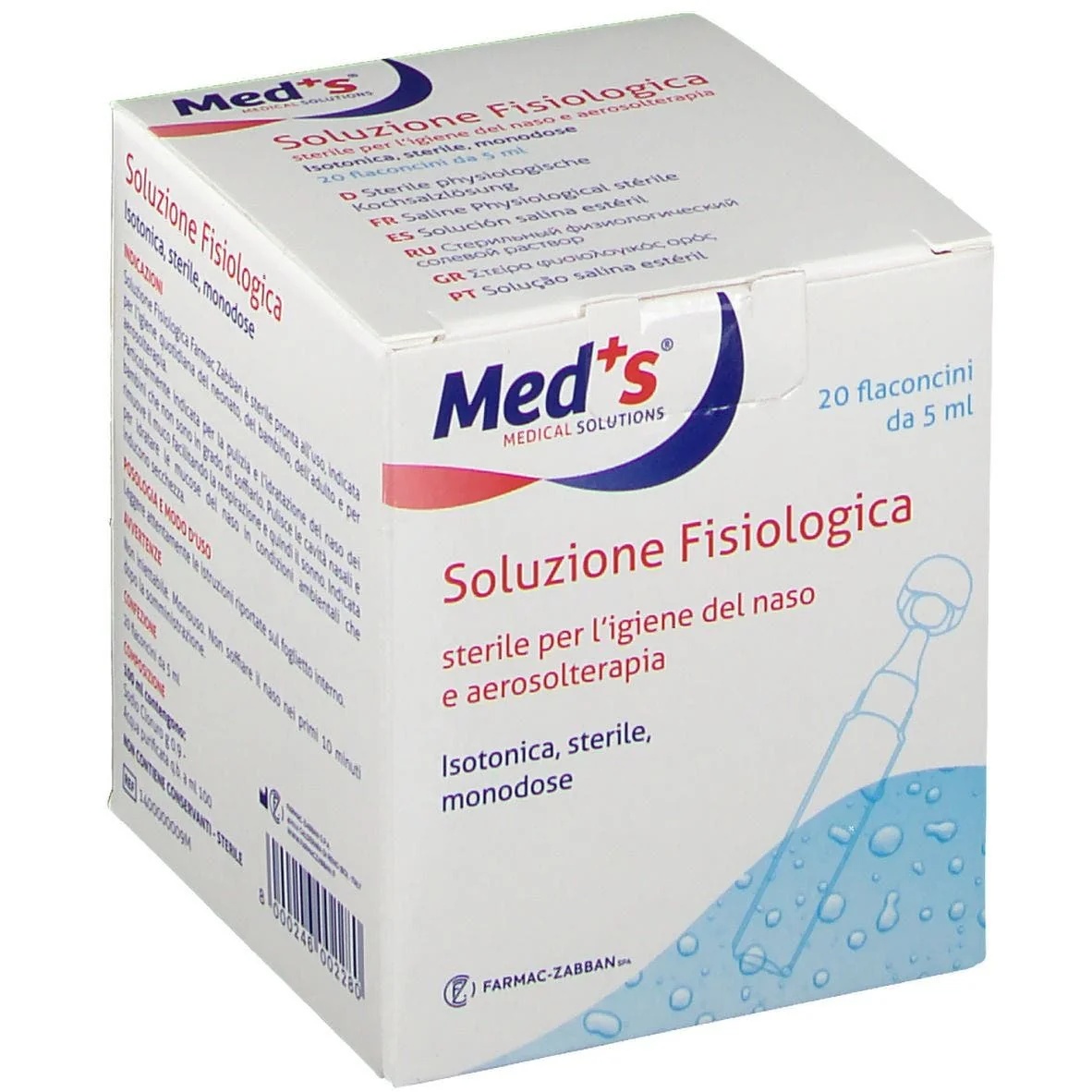 MED'S Solução salina em aerossol Med's para terapia nasal, 20 frascos.