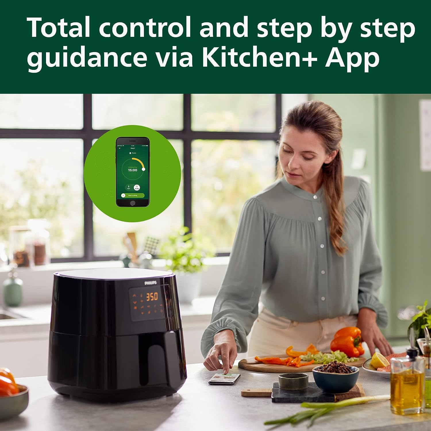 PHILIPS Essential Connected XL digitale airfryer met een inhoud van 6,2 liter (2,65 lb) en Rapid Air-technologie, Wi-Fi-connectiviteit (Kitchen+ app), compatibel met Alexa, zwart - HD9280/91, compact