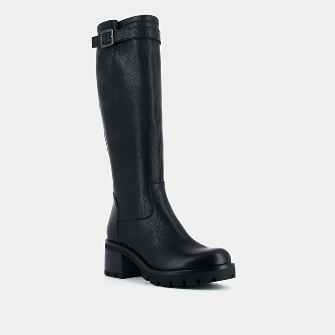 Bottes à semelles crantées et boucles  en cuir grainé noir