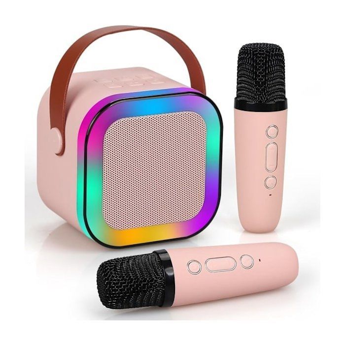 Mini portable karaoke with Bluetooth speaker and 2 wireless microphones, ideal gift for birthday parties.
