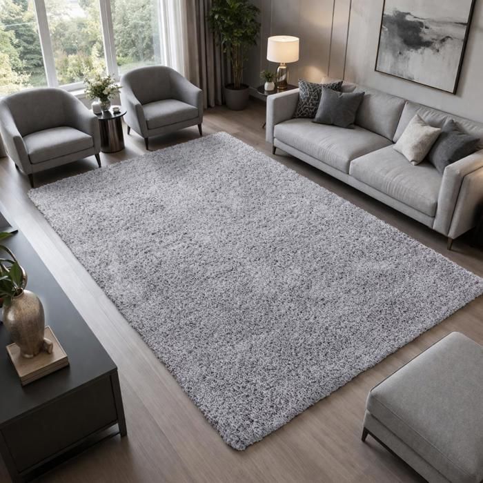 Tapis poils longs shaggy 300x400 rectangle tissé gris motif uni UNI L