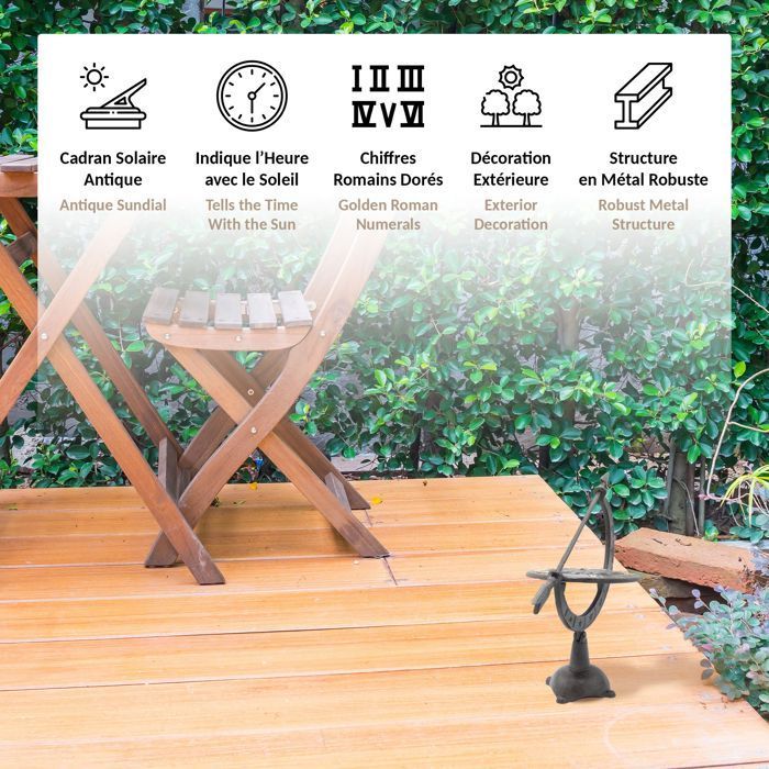 FISHTEC Sonnenuhr aus Schmiedeeisen mit gut sichtbaren Ziffern, wetterfest, zur Gartendekoration, kann auf einer Oberfläche platziert oder montiert werden.