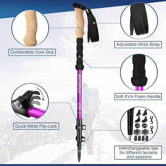 Bastones telescópicos de aluminio, bastones ultraligeros ajustables para marcha nórdica para mujer, senderismo y trekking, color morado.
