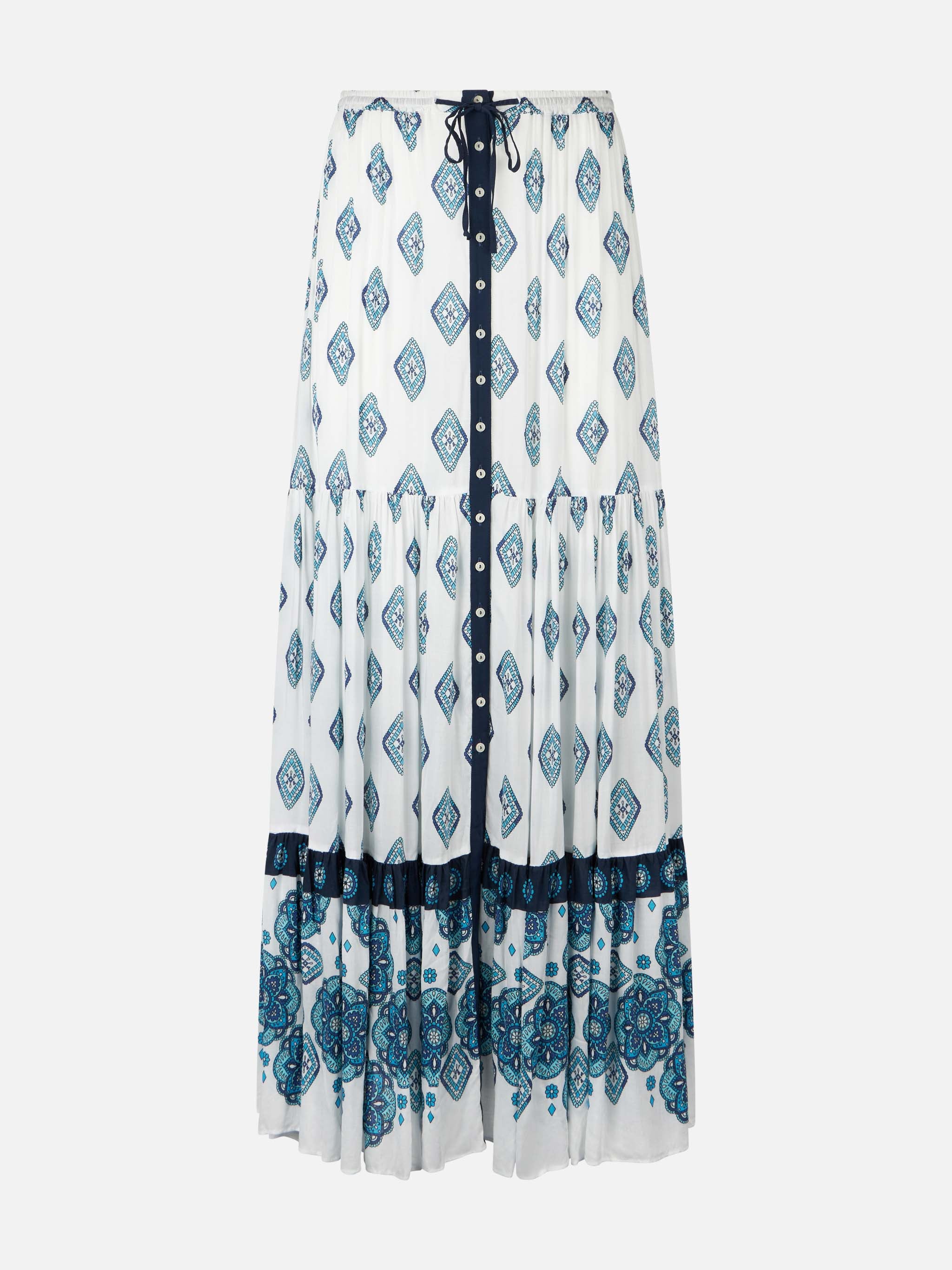 Lange rok met blauwe bloemenprint in zigeunerstijl