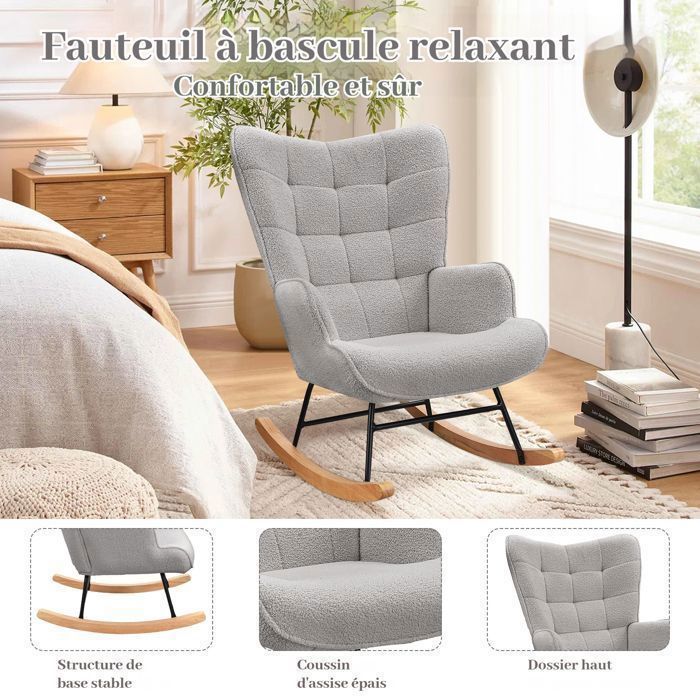 Fauteuil à Bascule, Fauteuil à Oreilles Rembourré, Chaise Relaxante, Pieds en Métal et en Bois Massif, Gris clair