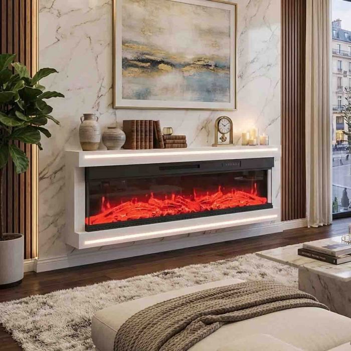 Cheminée Électrique Murale - AMBIANCE - 127 cm - 12 Couleurs de Flammes & LED d'Ambiance - Chauffage 750W/1500W avec Télécommande
