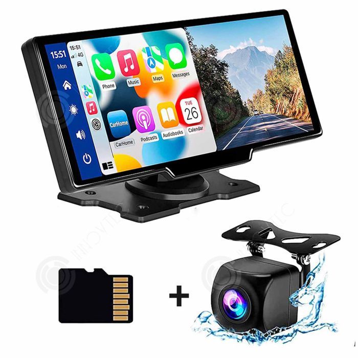 Autoradio INN 7-32V con schermo touchscreen IPS da 10 pollici, telecamera posteriore 1080p, CarPlay, autoradio wireless e navigazione.