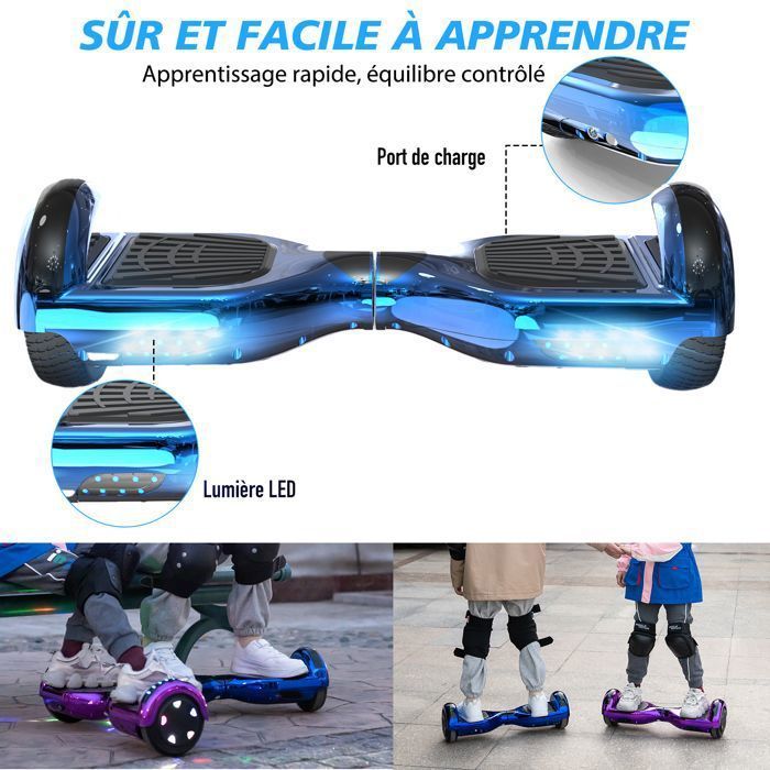 Hoverboard 6.5 Pouces avec Bluetooth et LED - RCB - Cadeau Parfait pour les Enfants Bleu Chromé