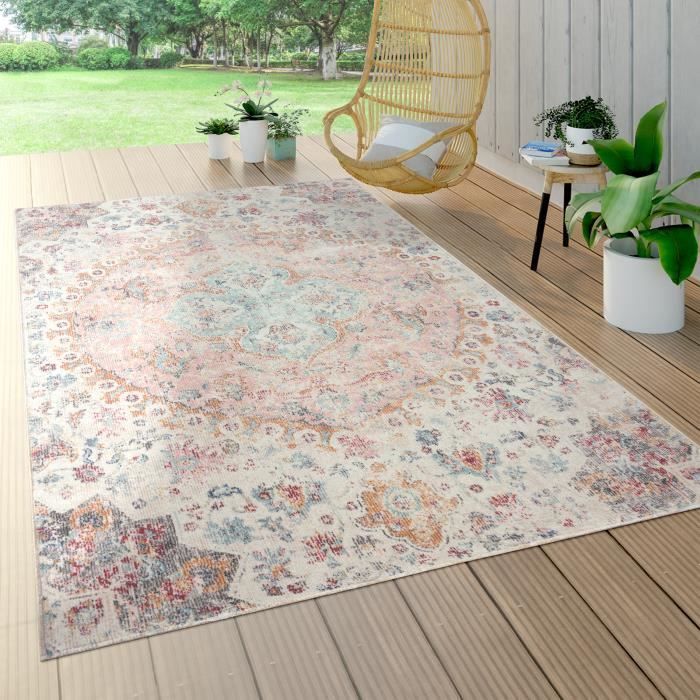 Paco Home Tapis Exterieur Terrasse Balcon Tapis Cuisine Motif Oriental Vintage Rose Crème 60x100 cm