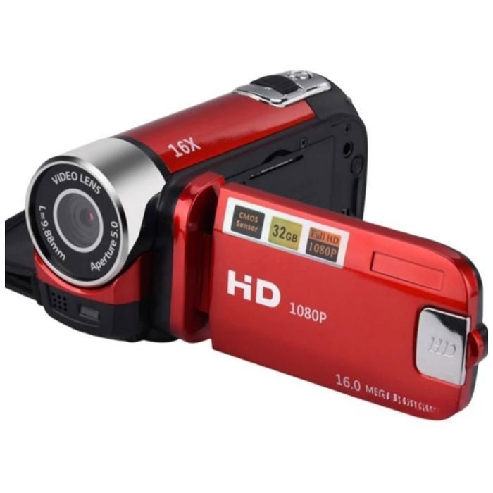 Videocámara digital, 16 MP, Full HD 1080p, zoom digital 16x, pantalla giratoria de 270°, color rojo.